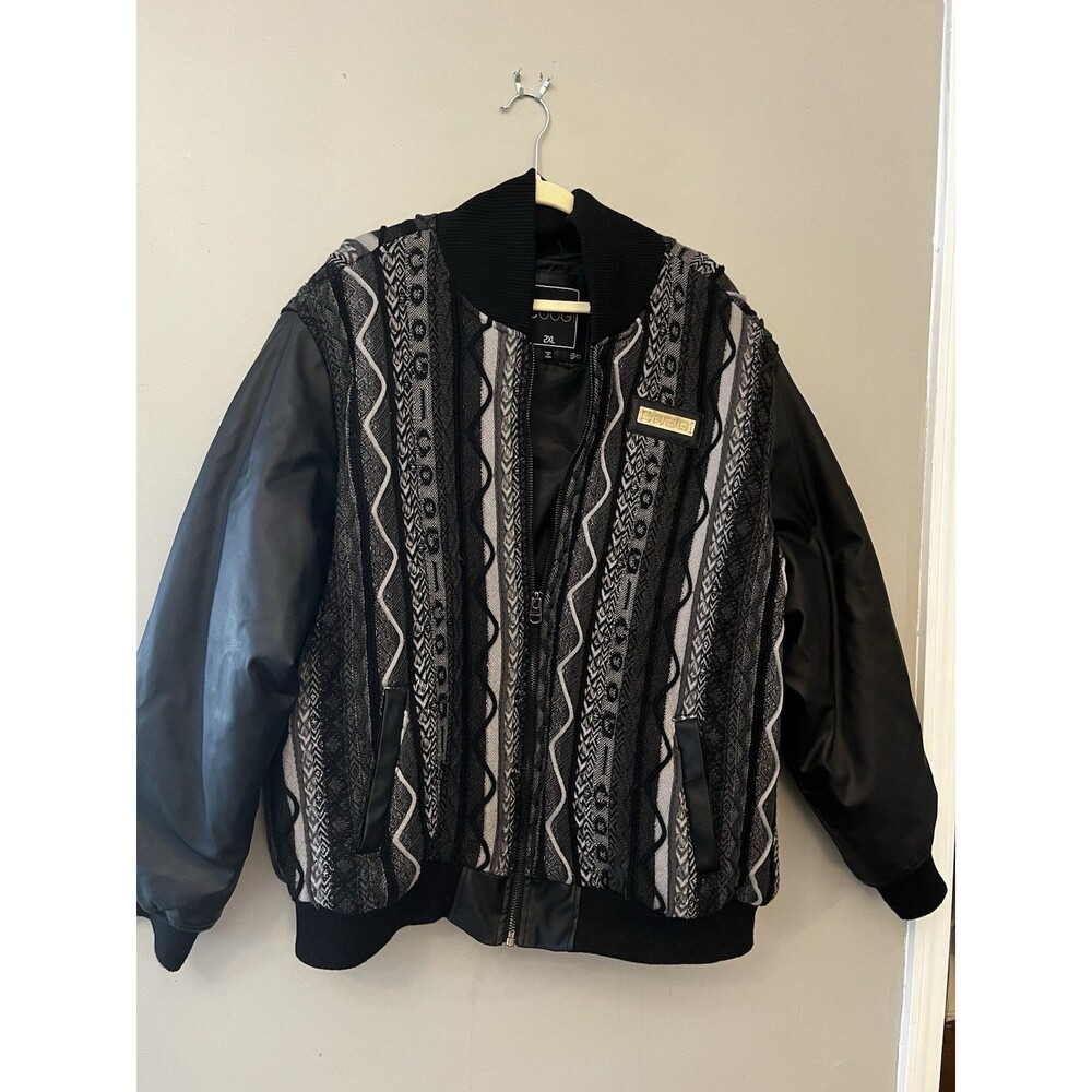 COOGI SWEATER COAT varsity bomber jacket Faux Leather SLEEVES SZ 2XL mens BLACK